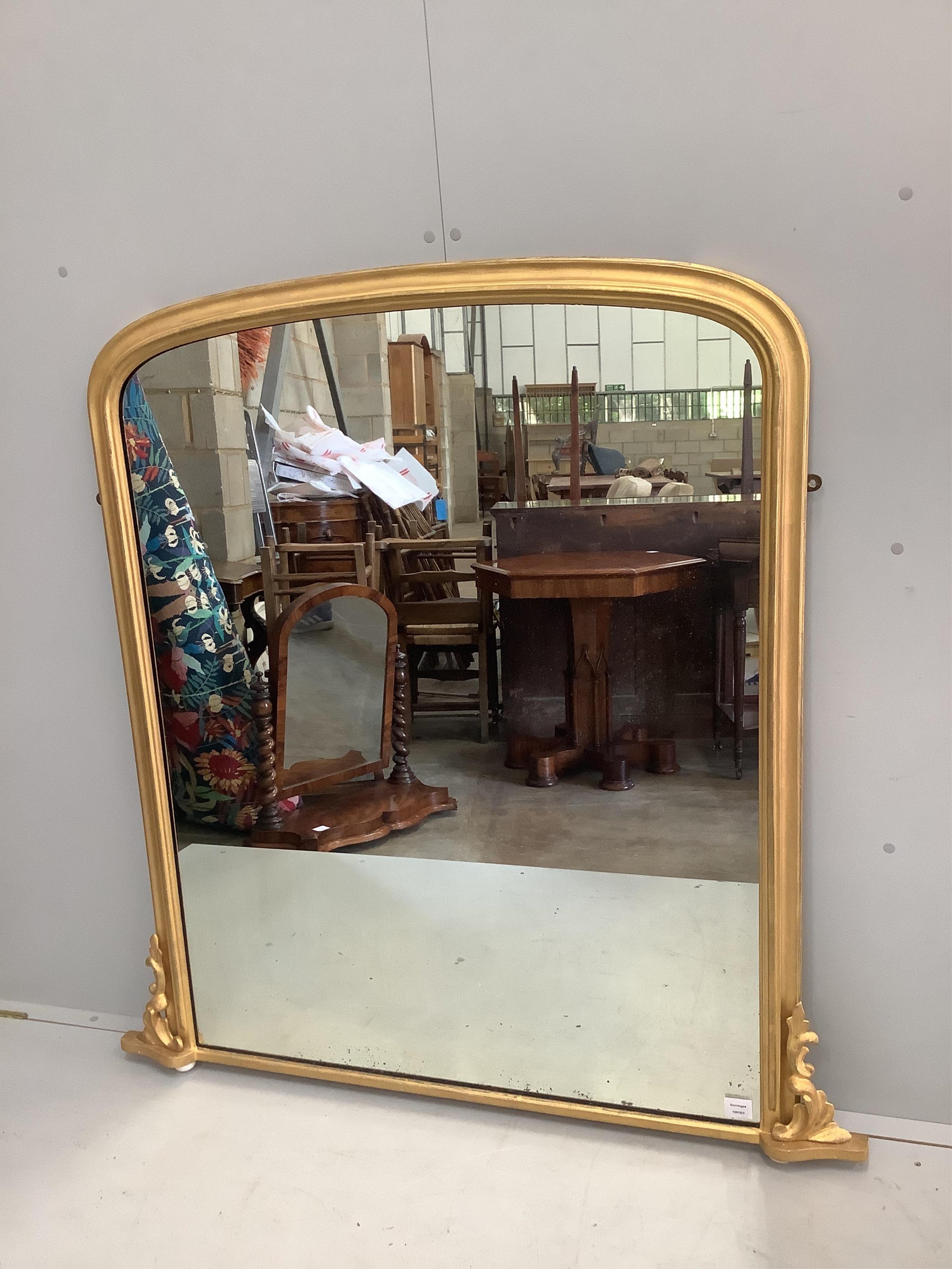 A Victorian giltwood overmantel mirror, re-gilded, width 126cm, height 131cm. Condition - good